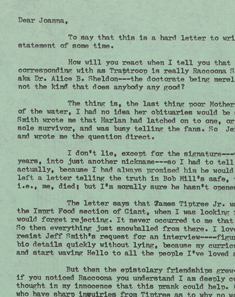Typewritten correspondence between Tiptree and Russ, Alice B. Sheldon, pen name James Tiptree, Jr., papers, 1920-1999