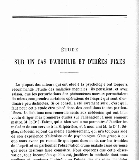 Title Page from Etude sur un Cas d'Aboulie et d'Idées Fixes, Dissociation and Trauma Archives