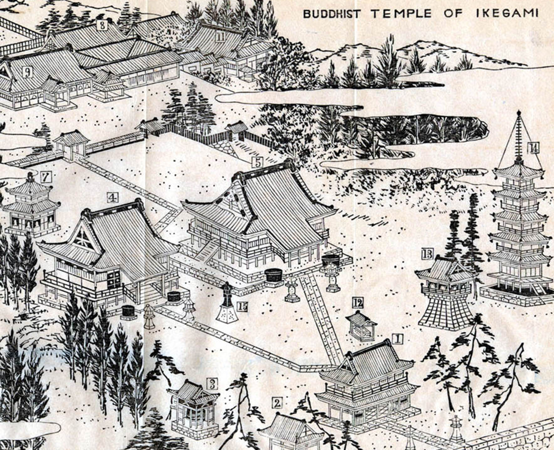 Monochromatic drawing of Buddhist temple of Ikegami, e-Asia Digital Library