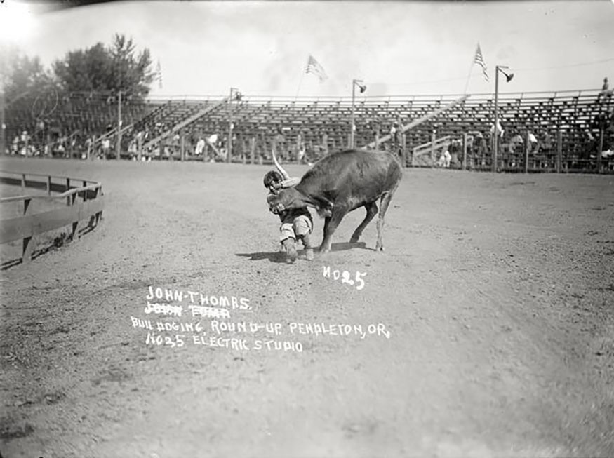 A man identified as John Thomas wrestles a steer, The Electric Studio/O.G. Allen photographs, ca. 1911-1913