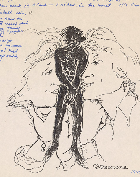 Reproduction of sketch of two faces and one body presenting Gestalt principle of figure/ground, Joanna Russ papers, 1968-1989