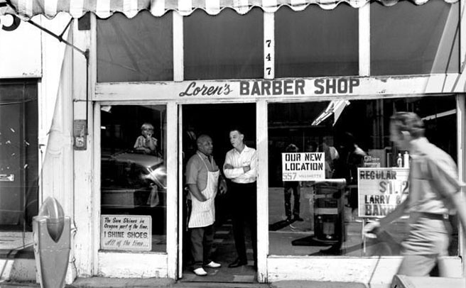 Black and white image of Loren's Barber Shop from the street., John Bauguess photographs, 1970s