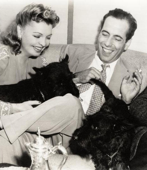 Mayo Methot and Humphrey Bogart on couch with two Scots terriers., Mayo Methot Bogart (1904-1951) photographs
