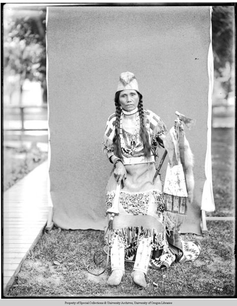 Anna Coyote, Cayuse Indian, in beaded dress, holding implements, Moorhouse Collection, PH036-4007, Picturing the Cayuse, Walla Walla, and Umatilla Tribes