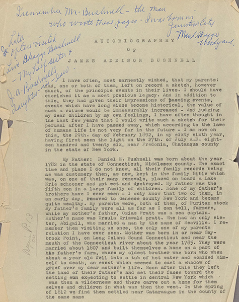 Page from Bushnell autobiography with handwritten marginalia, Bushnell University