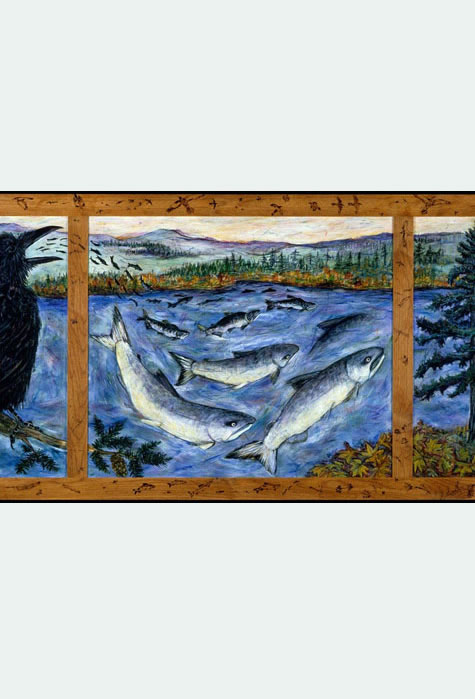 Raven Brings the Salmon, Audrey May Hatfield, Painting, Oregon State University, 1998, Oregon Percent for Art