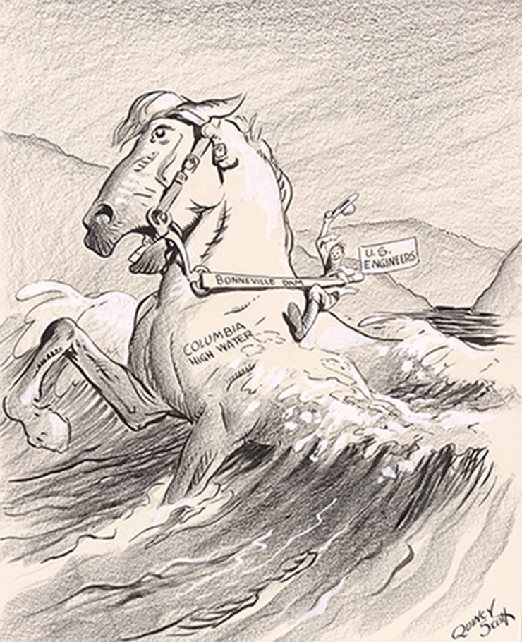 Charcoal and pastel drawing of Columbia River with a horse metaphor, Quincy Scott Political Cartoons, 1904-1949