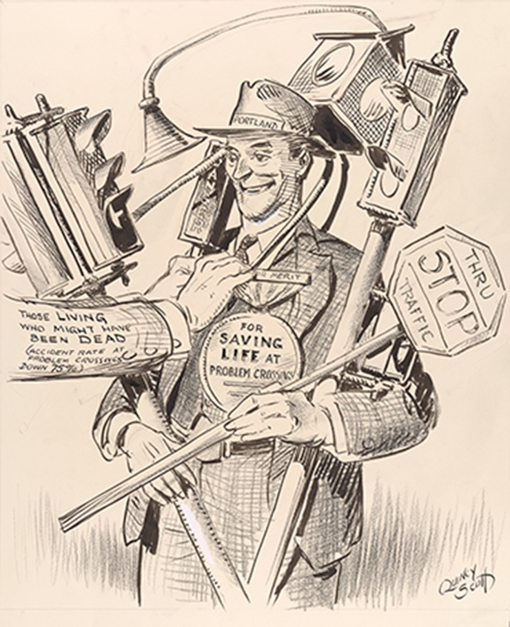 Charcoal and pastel drawing of traffic signage in man's arms, Quincy Scott Political Cartoons, 1904-1949