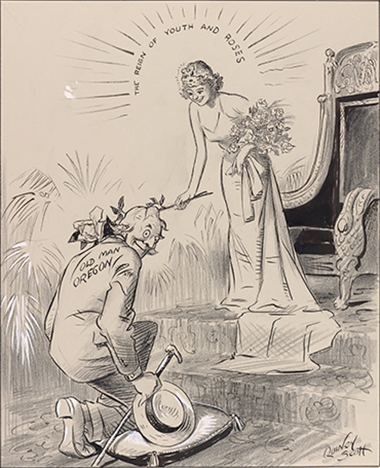 Charcoal and pastel drawing of woman on a throne honoring Oregon as a kneeling man, Quincy Scott Political Cartoons, 1904-1949