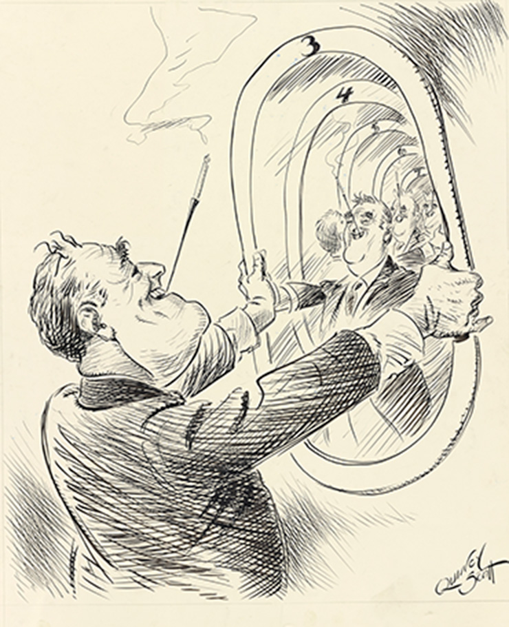 Pen drawing of Franklin Deleno Roosevelt admiring himself in mirrors, Quincy Scott Political Cartoons, 1904-1949