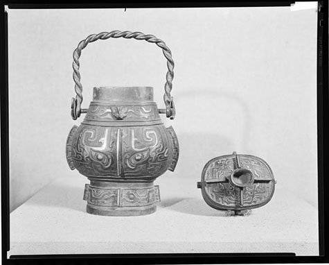 Covered Vase in the Shape of a Ritual Wine Vessel (You) with Stylized Taotie Decor and Twisted Handle, Gertrude Bass Warner and the Early Photography Archive of the University Art Museum/Jordan Schnitzer Museum of Art