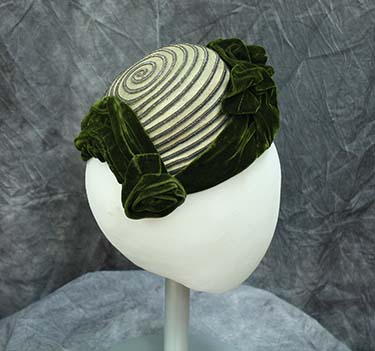 Calot hat of ecru horsehair with a spiral at the crown of braided trim, Historic and Cultural Textile and Apparel Collection