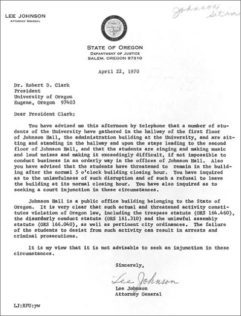 Attorney General letter to Clark re: Johnson Hall Sit-In, UO Office of the President