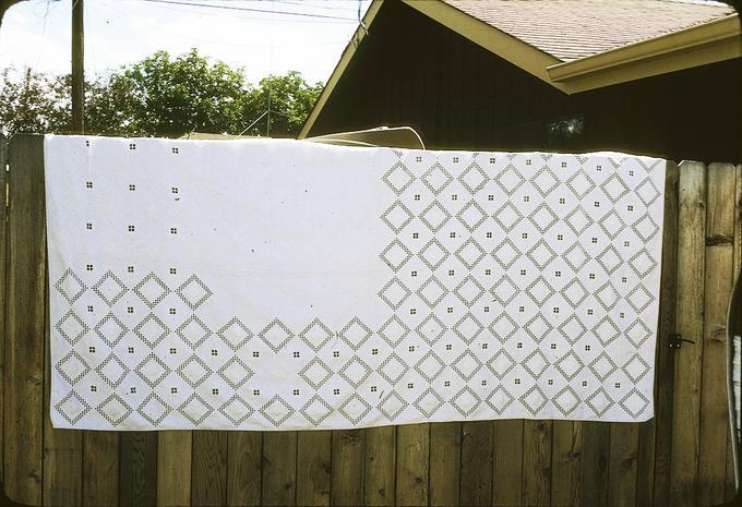 49 x 106 inches. In progress Hardanger, has been working on it for at least 2 years, tablecloth