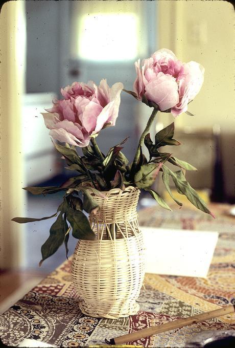 Peonies of silk, 4 x 3 inch bloom, 15 inches high, made 1978 by Mr. Ben Kasubuchi, painted, wired, ironed