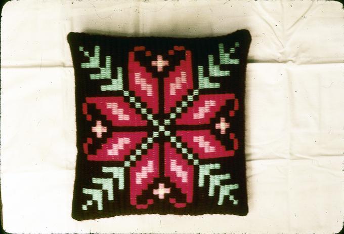 Klostersom stitchery: wool on canvas, 11 x 11 inch, made about 1975-76