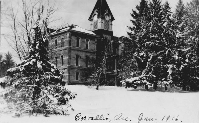 Benton Hall covered with snow