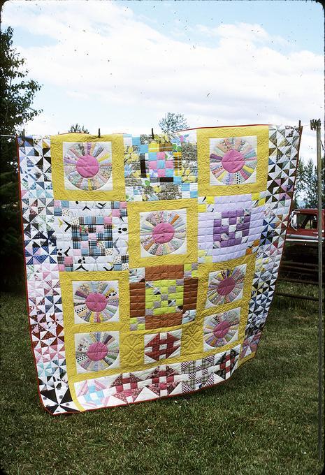 85 x 79 inch of assorted patches: by Mrs. Hattie Jensen, around 1950 or so