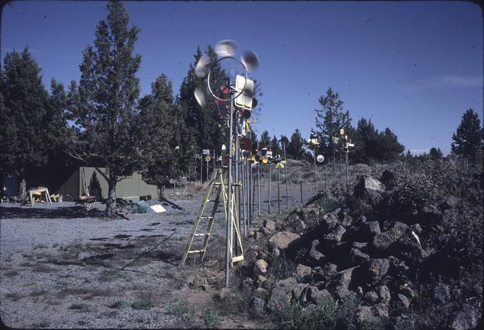 Windmills in Mr. Harry Lietzow's yard, showing spinning pan prop