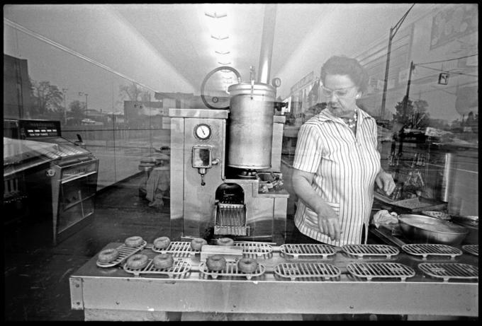 "Mary Louise Pope and her donut machine", 1973