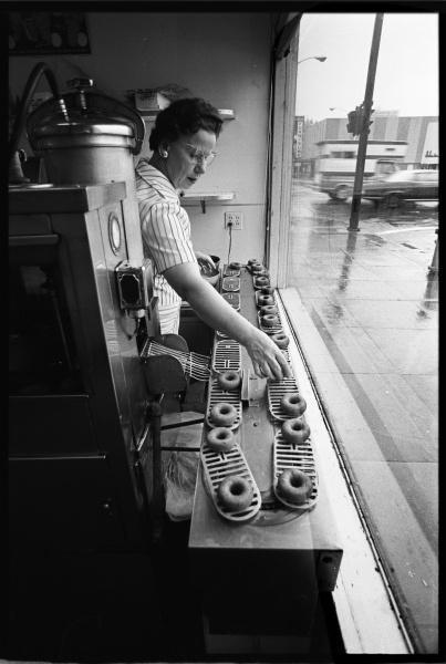 "Mary Louise Pope and her donut machine", 1973