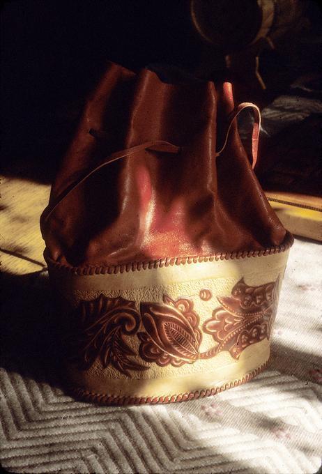 Leather tooled bag, made by Salme Soot in Portland in the 1950s, traditional Estonian patterns, 9 x 5 inches