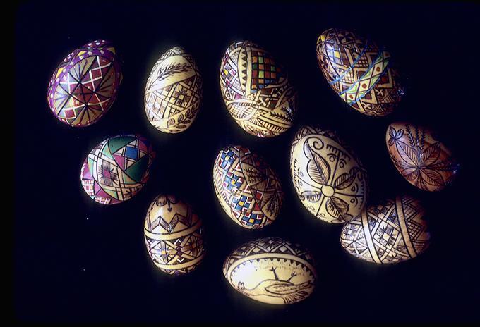 11 eggs woodburned, carved, some laquered, some varnished. From 2.25 in to 3 in  all, made between February and March 1979.