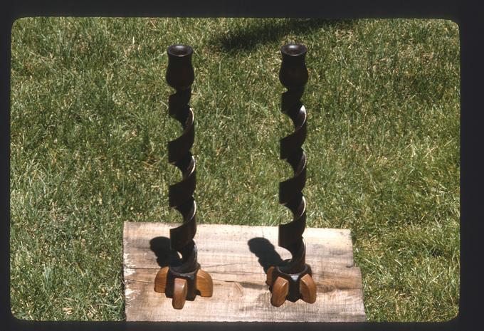 Redwood candlesticks--hand whittled with jackknife--no lathe used