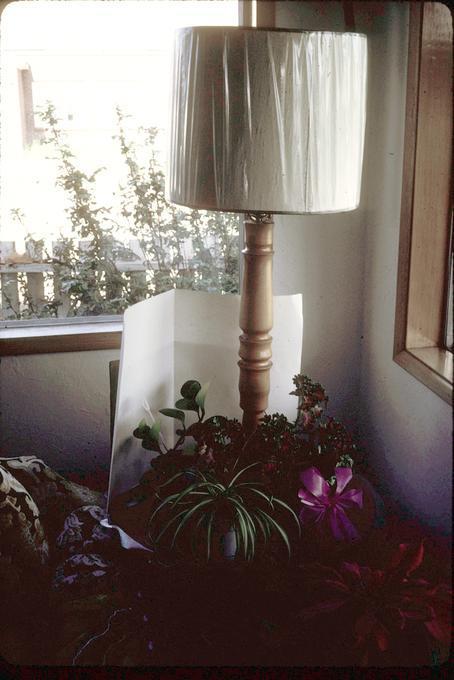 Lamp with shade on, in home of B. Forbes