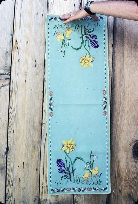 10 1/2 x 30 inches, cross stitch, around 1964, Denmark, Easter runner