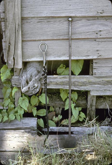 Tools with somewhat decorative handles that he made many years ago to use on his forge: hook and shovel (hook = 30 in long