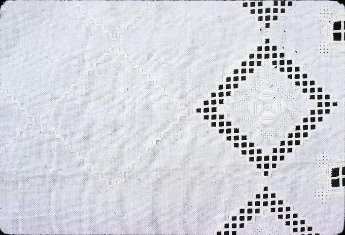 49 x 106 inches. In progress Hardanger, has been working on it for at least 2 years, tablecloth