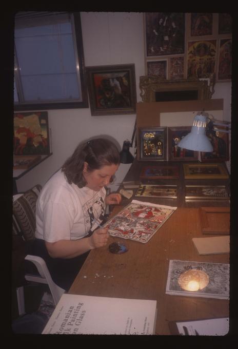 (TAAP 1996-97) Master Artist Adrian Avram with Apprentice Teresa Danocvich working on Romanian Icon Painting at Mr. Avram's home