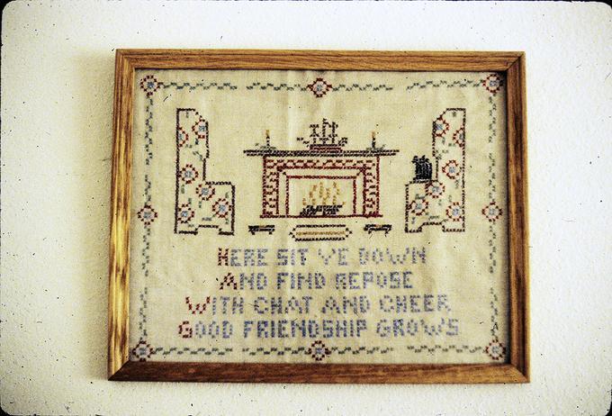 Sampler made when she was 10, 'Here sit ye down and find repose…'