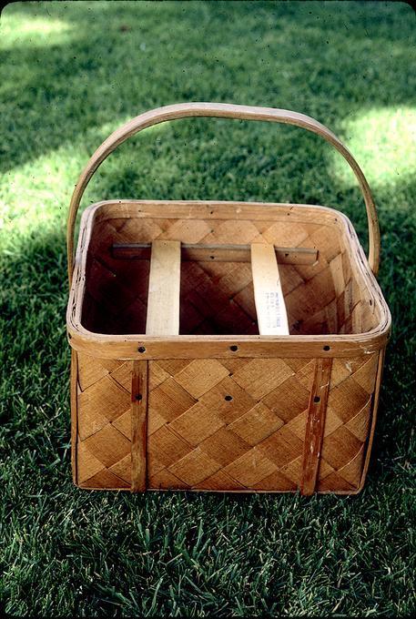 Three handled baskets, largest made 1968, 18 x 11 x 9 inches and with handle, 17 inches tall