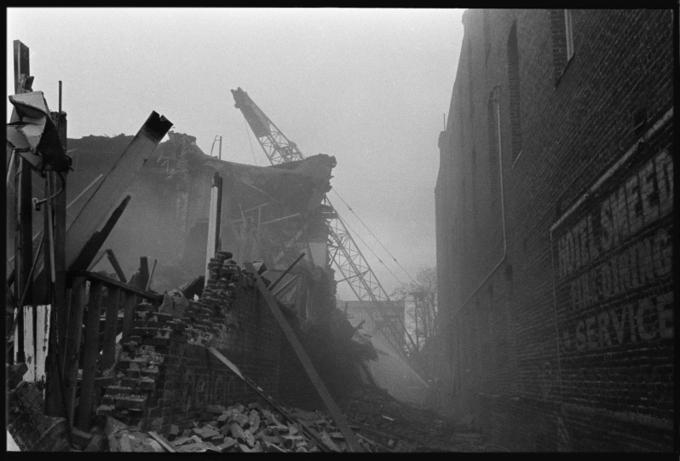 "Demolition of Brass Rail Tavern, Loren's Barbershop", 1973