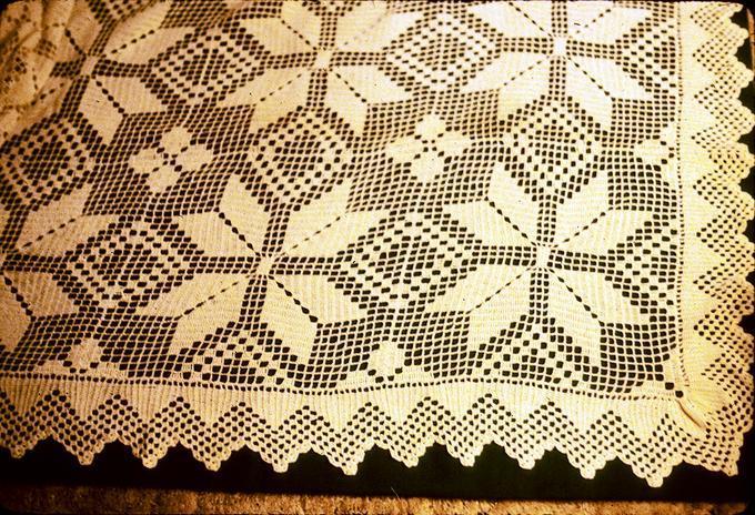 Bedspread, 7 foot 9 inch x 6 foot 4 inch, crocheted in #50 cotton by LBP, 1954, after she saw Joe Koehler's christening robe and liked the pattern