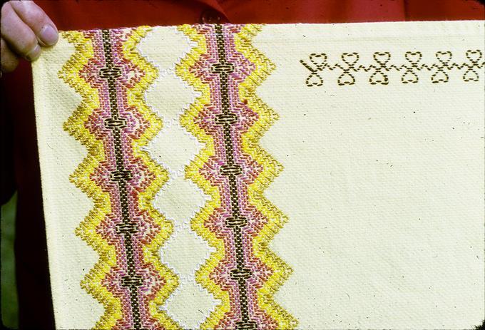 29 x 32 inch Swedish weaving on huc cloth done by Mrs. Hattie Jensen, around 1971 or so, in Junction City