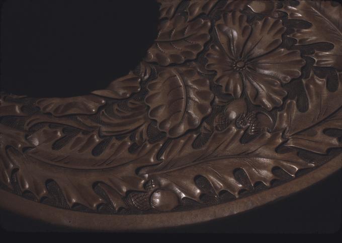 Mrs. Wood's saddle, detail of stamping on skirt, rear