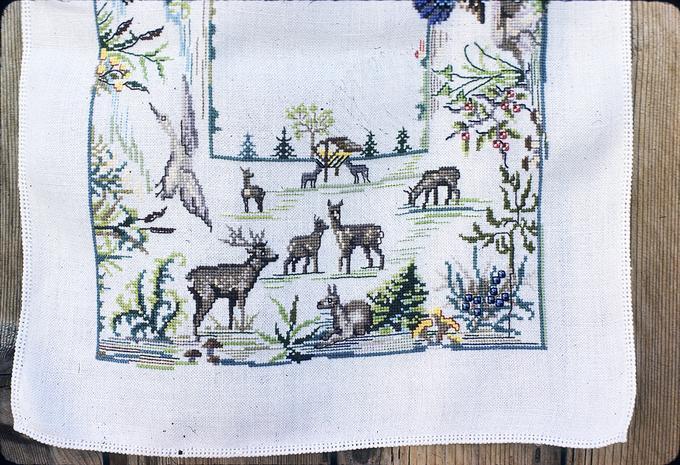 37 x 16 inches. Around 1969, Halsey-cross stitch outdoors scene