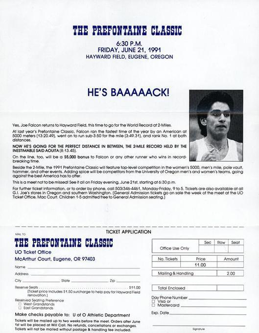 Prefontaine Classic ticket application, 1991