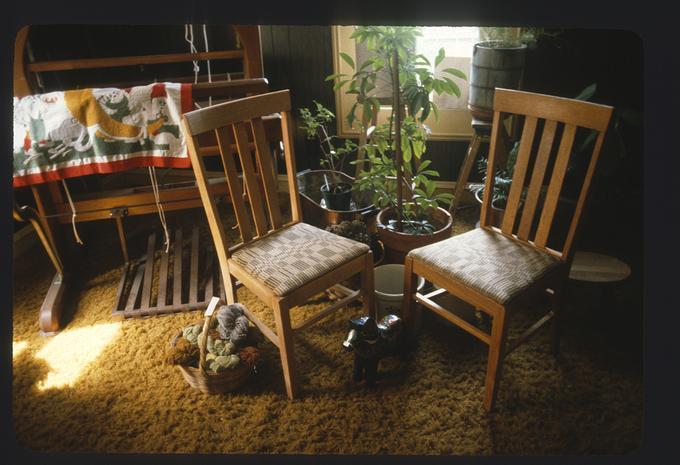 Woven chair covers, loom in background