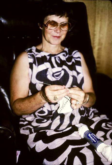 Mrs. E crocheting a square, close up