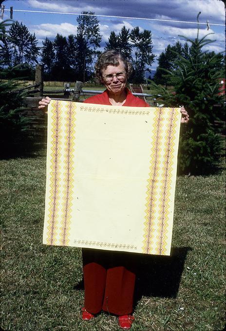 29 x 32 inch Swedish weaving on huc cloth done by Mrs. Hattie Jensen, around 1971 or so, in Junction City