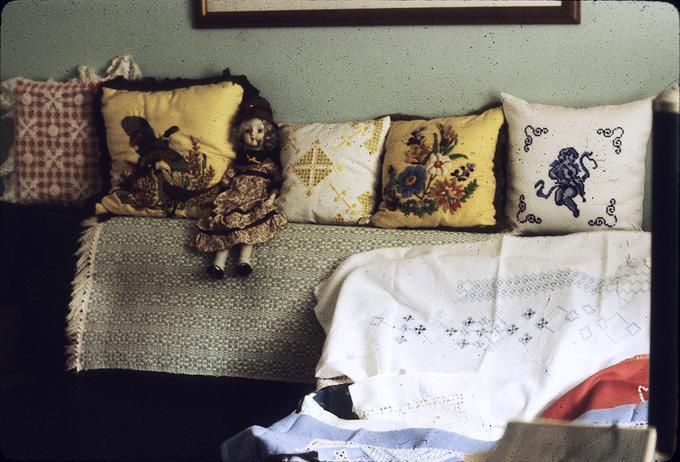 Row of pillows on the Lee davenport, left to right: 1. Battenberg done by Ida's aunt, Belgian embroidery