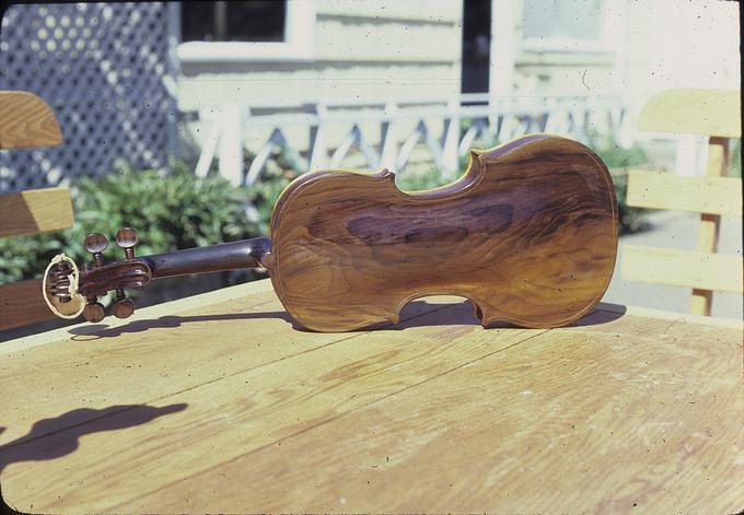 22 x 4 inch spruce and myrtlewood fiddle made by George's father William Marshall Humbert in Coos Bay area in 1920s