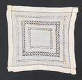Tea Cloth or Doily of white linen with several drawn-work bands with geometric lace-like designs