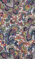 Textile panel of cotton gauze with colorful print in a floral and paisley design on white ground in blue, red, yellow, green, and black