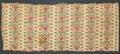 Textile fragment of beige woven silk and cotton brocaded in red, green, brown and golden yellow vertical striped bands