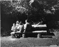 Family eating at rough log picnic table